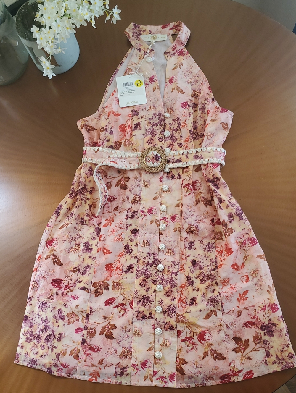 Anna Cate Dress  Pink Ditsy  Floral Etta  Dress with Decorative Belt cute Style